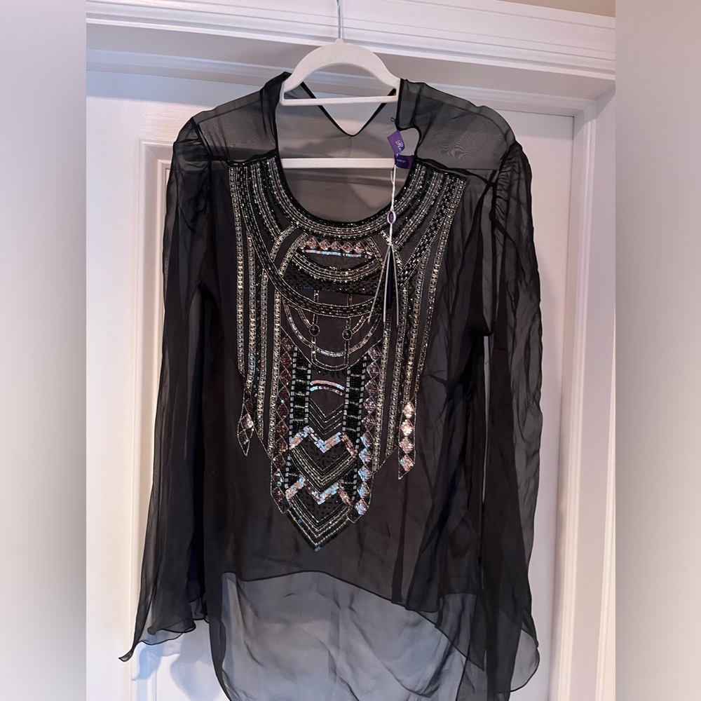 Ralph Lauren Purple Label Blouse with Hand Beaded Art Deco Applique